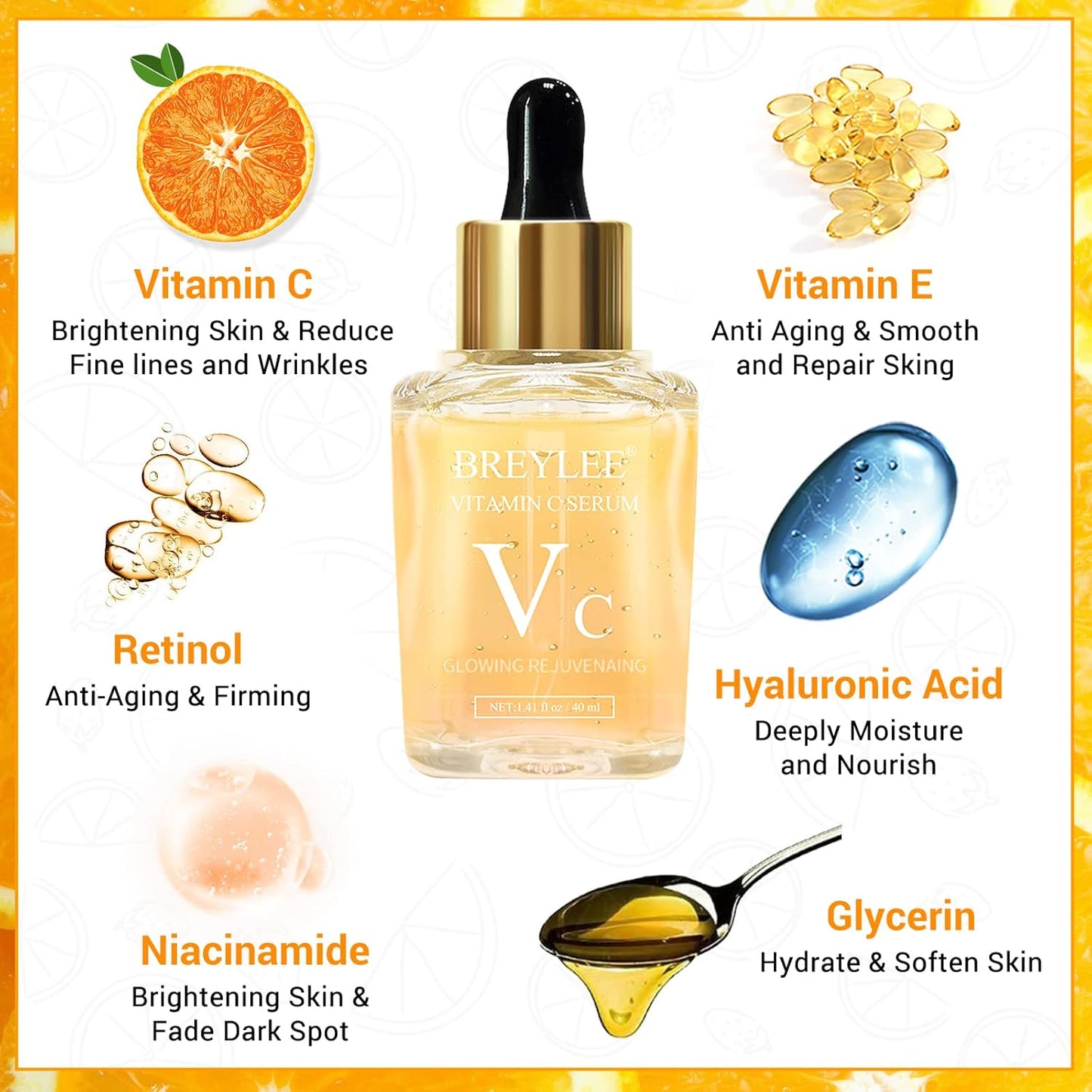 BREYLEE Vitamin C Serum for Face & Eye (1.4 oz) for Brightening Skin,Dark Spot Remover,Reduce Wrinkle,Anti Aging,Moisturizer with Hyaluronic Acid,Vitamin E,Retinol